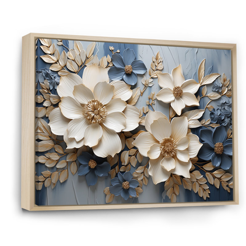 Composition de fleurs saisonnières beige et bleu - Fleurs saisonnières, H 12 po x l 20 po x P 1 po, Cadre naturel flottant