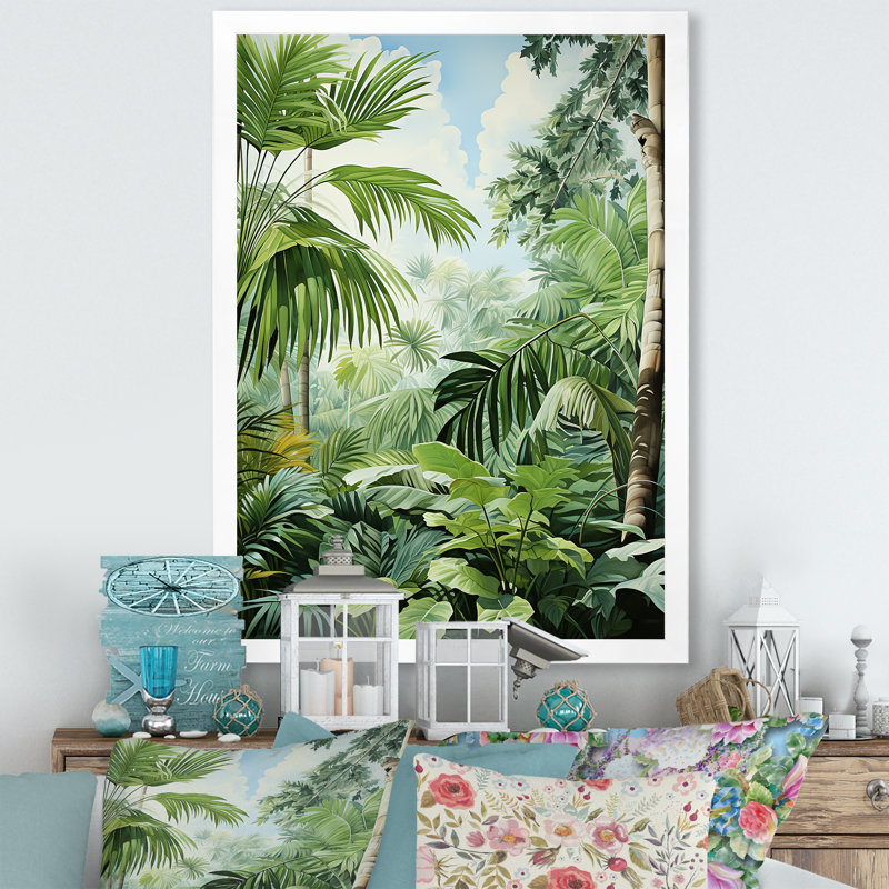 Minimalisme, jungle tropicale, tranquillité, palmiers sur toile, Cadre blanc, H 32 po x l 16 po x P 1 po
