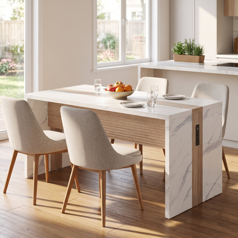 Table de salle à manger moderne à DEL avec finition en marbre, éclairage RVB intégré, synchro de musique, application et télécommande, table de cuisine intelligente avec prise de courant