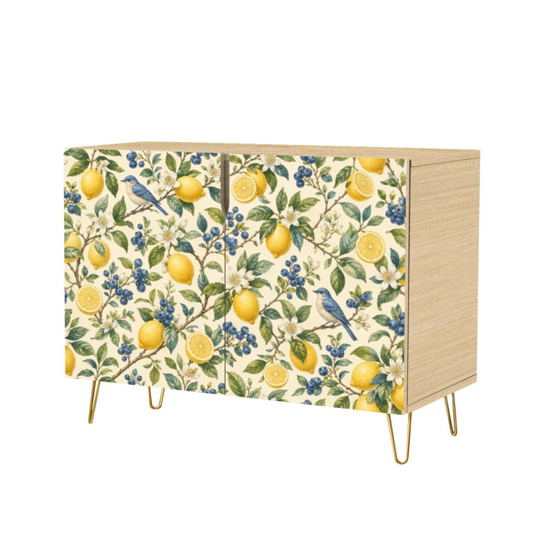 Buffet Buffet avec rangement Blue Birds Lemons Blueberries Botanical Watercolor Floral avec 2 portes pour le salon et la cuisine