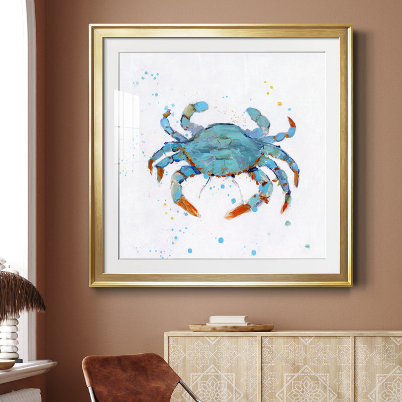 Crabe bleu pétillant - peinture encadrée, H 34,5 po x l 34,5 po x P 1,5 po, Toile encadrée dorée