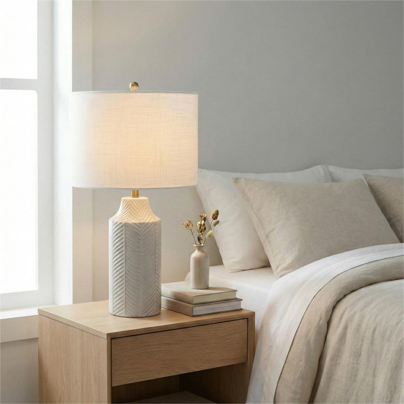 21.26" Textured Ceramic Table Lamp with Linen Drum Shade, Ivory/White with Gold Accent, 60W Max, for Bedroom & Living Room