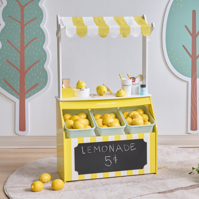 Teamson Kids Sunny Citrus Lemonade Stand – 18-Piece Wooden Pretend Play Set with Storage & Interactive Accessories