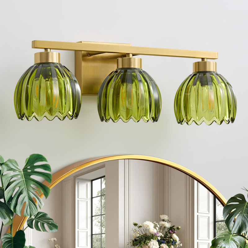 Éclairage pour meuble-lavabo à 3 lumières à intensité variable avec abat-jour tulipe floral rétro vert, Vert, Trois lumières