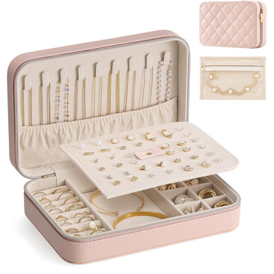 Travel Jewelry Case with Removable Earring Board and Crush-Proof Shell, Gift for Women - Pink