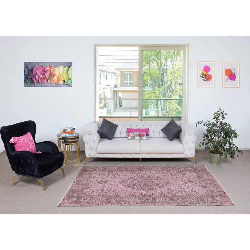 Tapis moderne en laine 5,5 x 8,4 pi. Fabriqué à la main en Turquie. Tapis de salon rose
