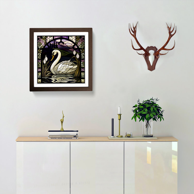 Swan Stained Glass Effect - Single Picture Frame Print on Wood, Walnut