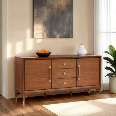 Mid - Century Modern Dining Server With Gold Metal Handles And Walnut Veneer, 18 Inches Deep Contemporary For Room In Color, Rubberwood Arched Skirt,