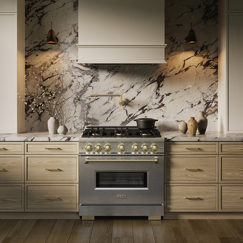 ZLINE Autograph 36 in. Classic Gas DuoPro Range in Satin Steel and Champagne Bronze Accents, Satin Stainless Steel, Dual Fuel