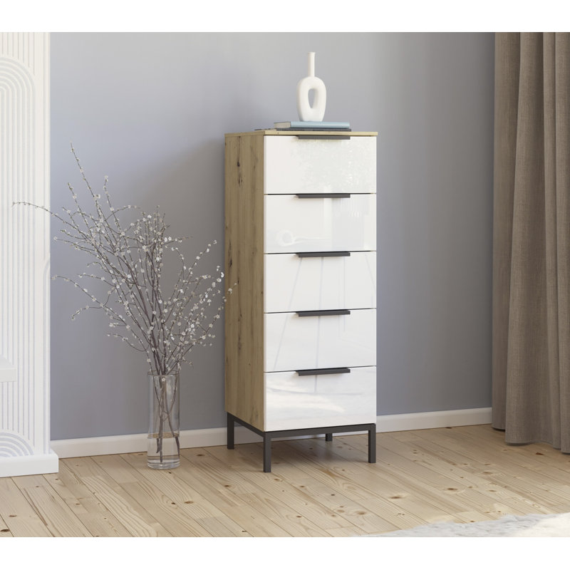 Flipp 5 - Drawer Chest of Drawers, Artisan Oak/White Glass/Graphite