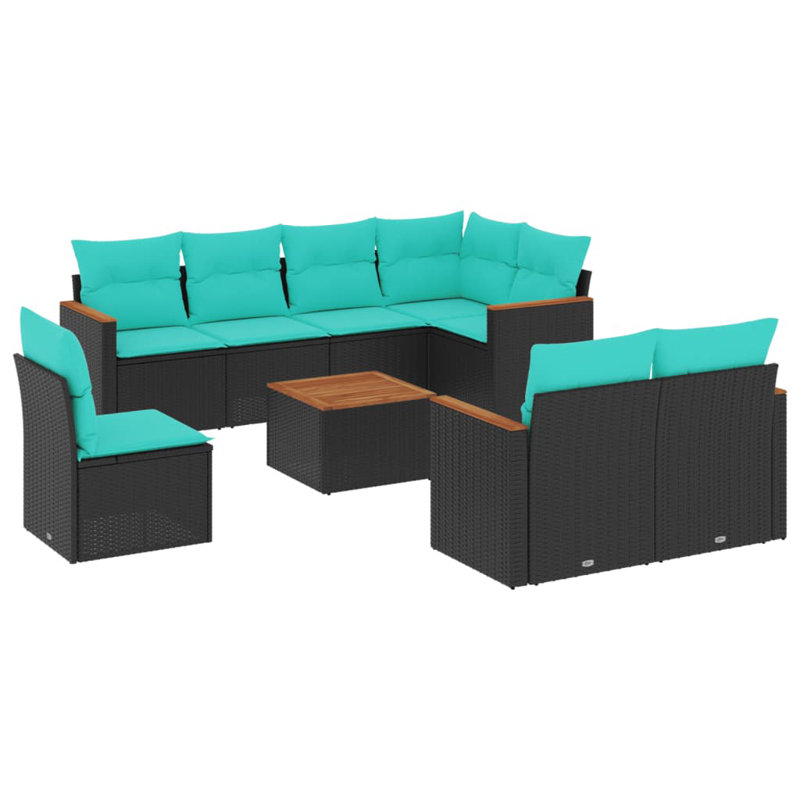 Ensemble de canapé de patio 9 pièces avec coussins en rotin de polyester, Bleu clair, Noir