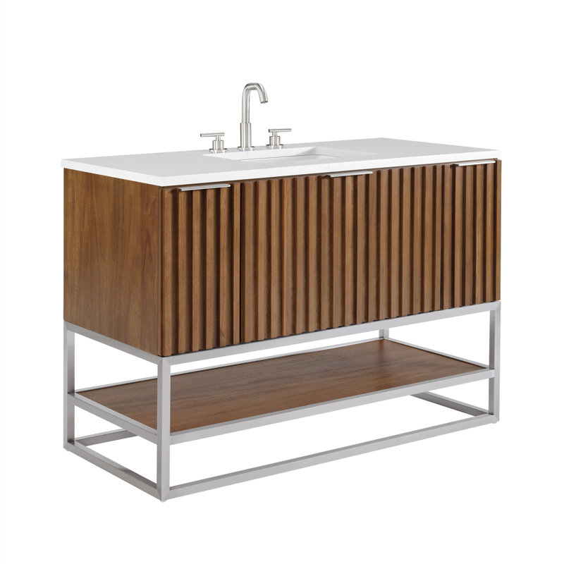 Terra 48'' Single Bathroom Vanity with Top, White Quartz/Single Faucet Mount, Walnut, Matte Black