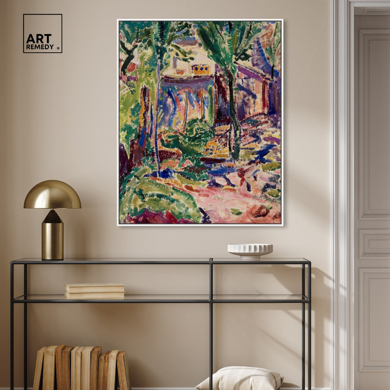 "Paysage avec maison", art mural rétro par Art Remedy, Cadre blanc, H 31 po x l 25 po