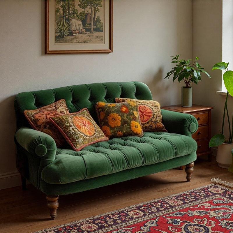 Green Buckle Straight-Back Two-Seater Sofa