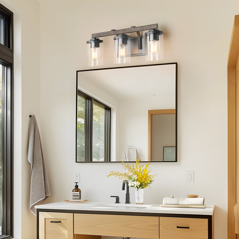 Ifill 3 Dimmable Faux Wood Farmhouse Vanity Light, Rustic Dark Silver & Faux Wood, 3 Lights