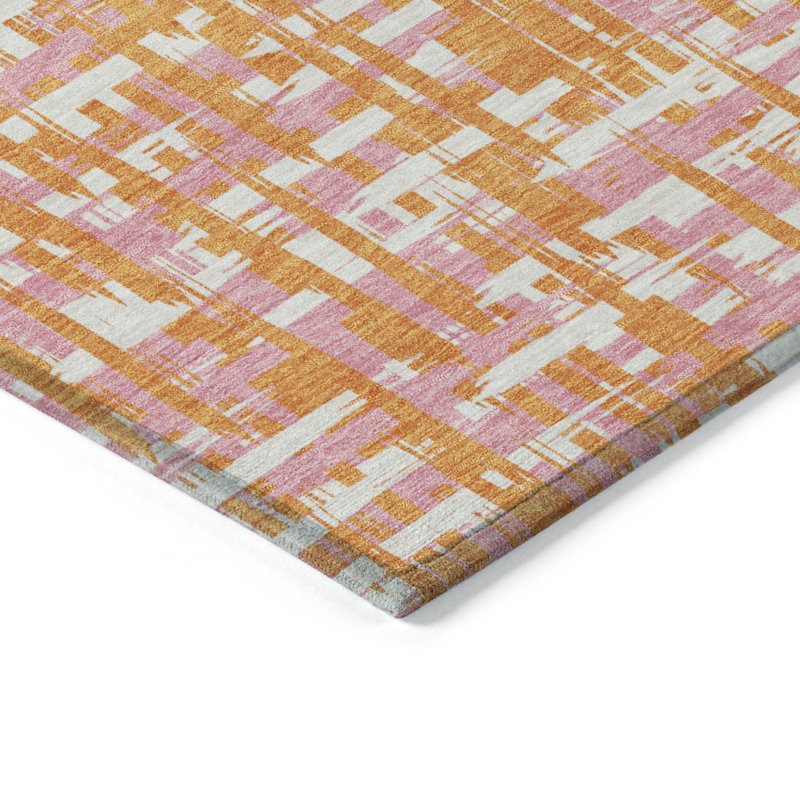 Tapis extérieur lavable abstrait 10 pi x 14 pi orange et rose