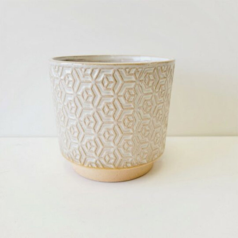 Beige And White Patterned Ceramic Planter