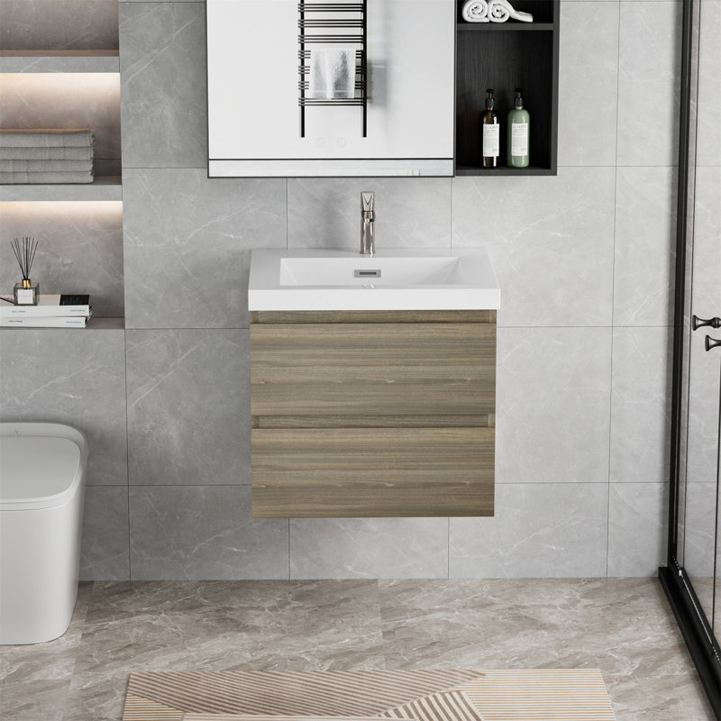 Meuble-lavabo flottant 24 po avec lavabo, armoire de rangement murale moderne, tiroirs à fermeture en douceur, lavabo supérieur en résine