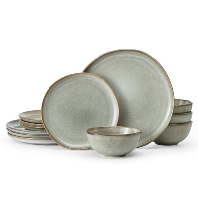 16 Pieces Stoneware Dinnerware Sets, Handcrafted Rustic Ceramic Dishes Set, Reactive Glaze Plates and Bowls Sets for 4