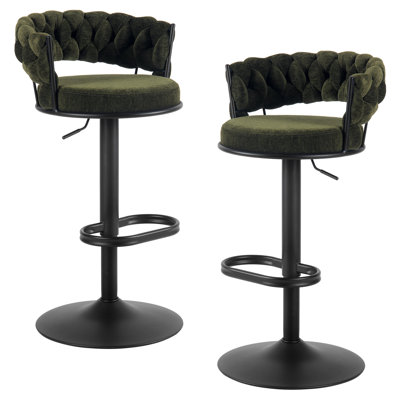Tabourets de bar rotatifs modernes à dossier capitonné en tissu tissé avec base en métal noir à hauteur réglable et repose-pieds pour tabourets de bar de cuisine ou de bar, ensemble de 2