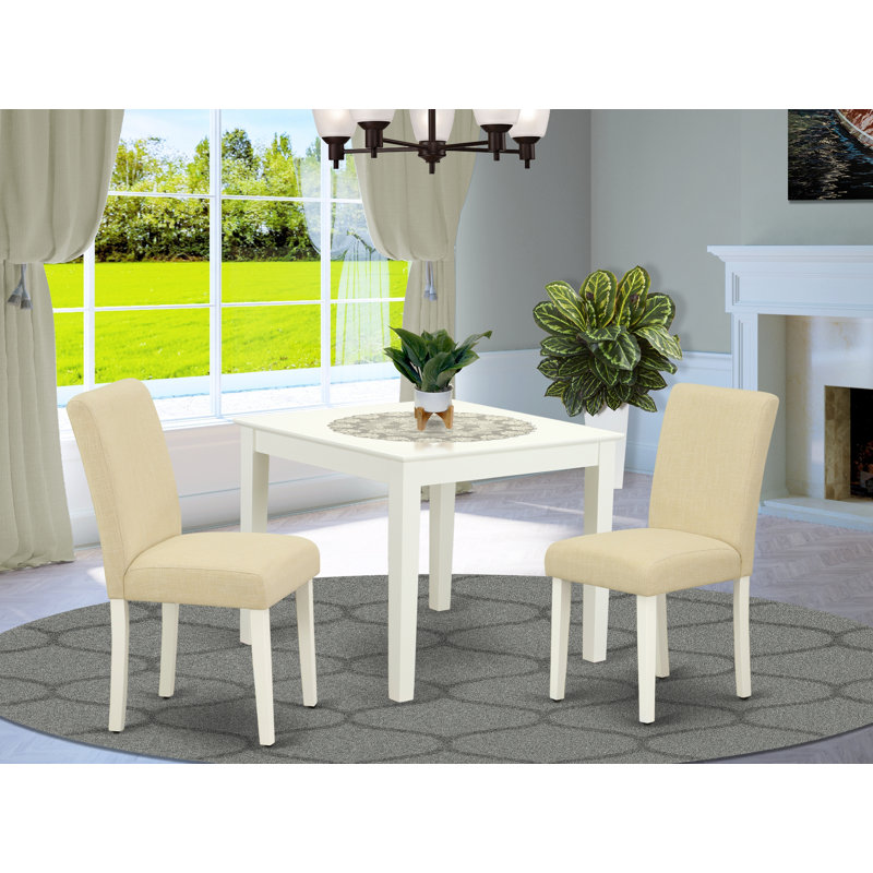 3 Piece Modern Dining Table Set Contains a Square Wooden Table and 2 Light Beige Linen Fabric Upholstered Parson Chairs, Linen White