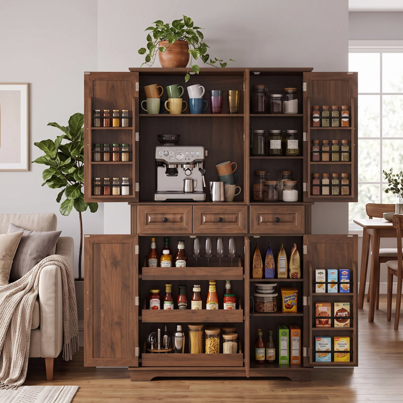 Armoire de cuisine de 183 cm de haut, meuble autoportant, style campagnard avec texture en relief, 3 plateaux coulissants et 6 étagères de porte pour la cuisine et la salle à manger.