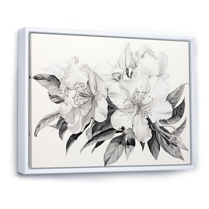 Gris, rhododendron, pétale, poésie, zen III, Cadre flottant blanc, H 30 po x l 40 po x P 1,5 po