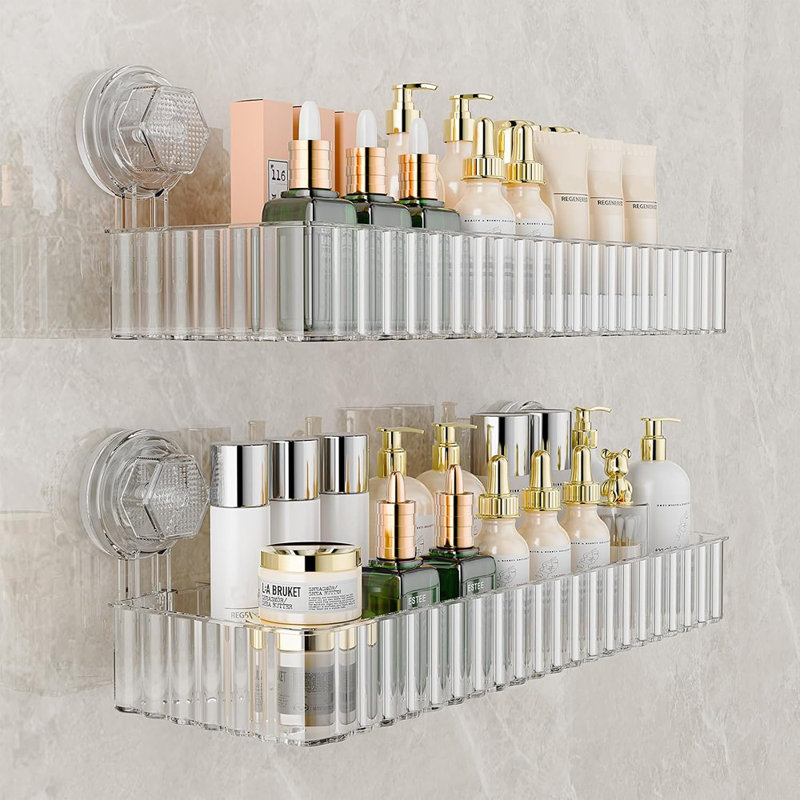 Ventilateur de douche - Transparent - Étagères de rangement de salle de bain carrées amovibles et réutilisables à grande capacité, sans perçage pour la douche, la maison et la cuisine