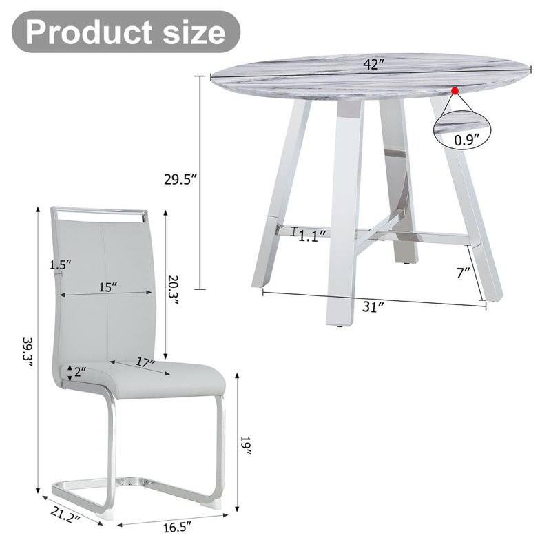 42" Marble Imitation Dining Table Set with Light Gray PU Chairs