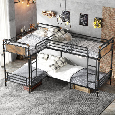 Lit superposé simple noir pour 4 enfants, structure en métal robuste avec garde-corps et échelle