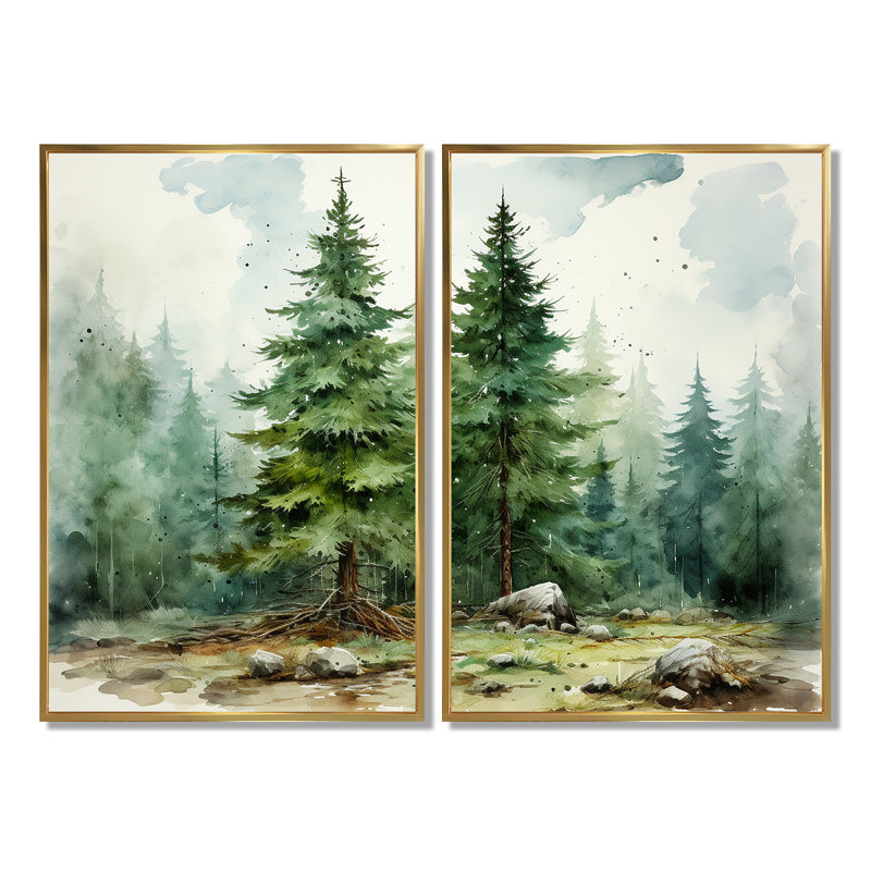 Minimalism Pine Tree Forest III - Green Traditional Wall Art, 36" H x 48" W, Floater Framed Print, Gold