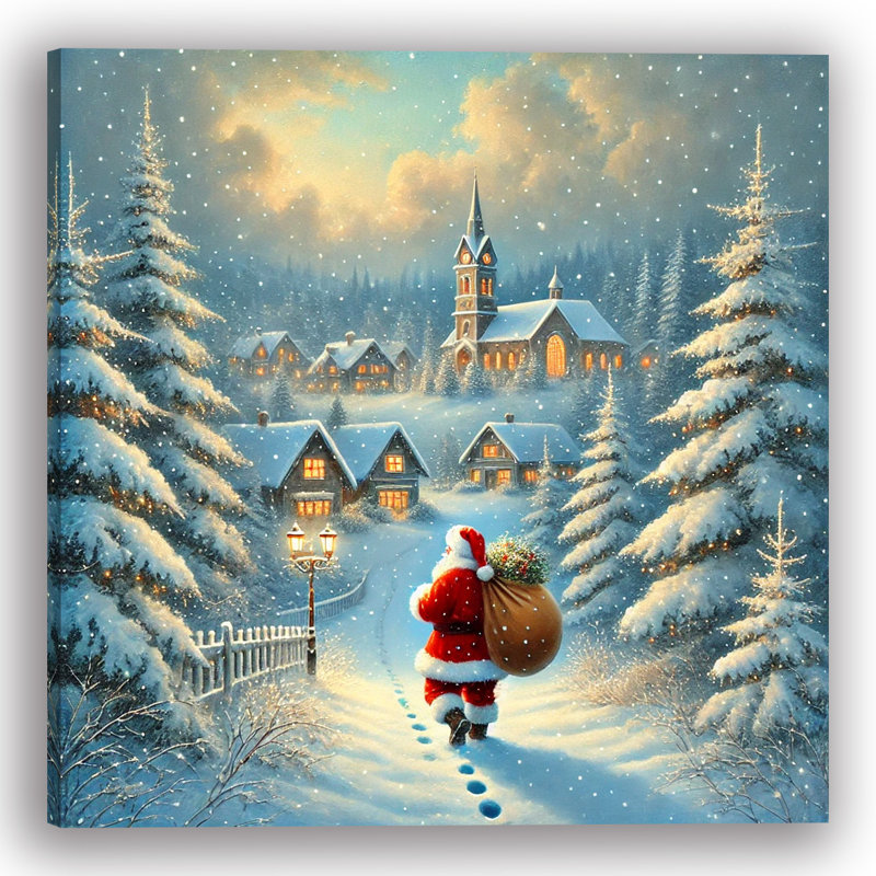 «Winter's Glow: Santa’s Twilight March Through a Snowy Village», art sur toile, H 20 po x l 20 po x P 1,5 po