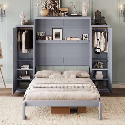 Lit escamotable, grand lit escamotable en bois avec 2 garde-robes et tablette de rangement, cadre de lit plateforme pliable multifonctionnel pour chambre d'amis, chambre à coucher