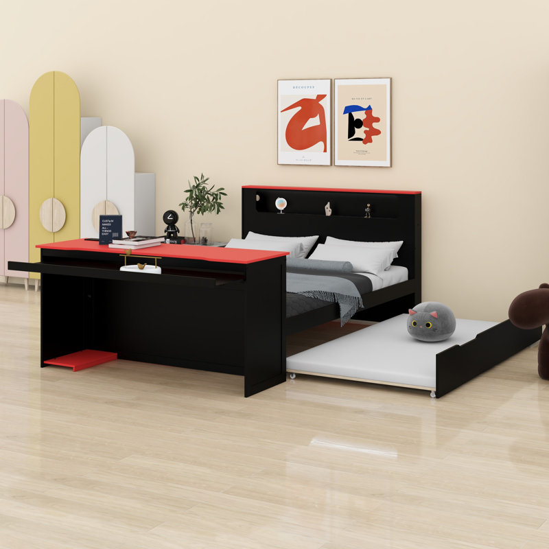 Lit de jour avec couchette et bureau, Noir et rouge