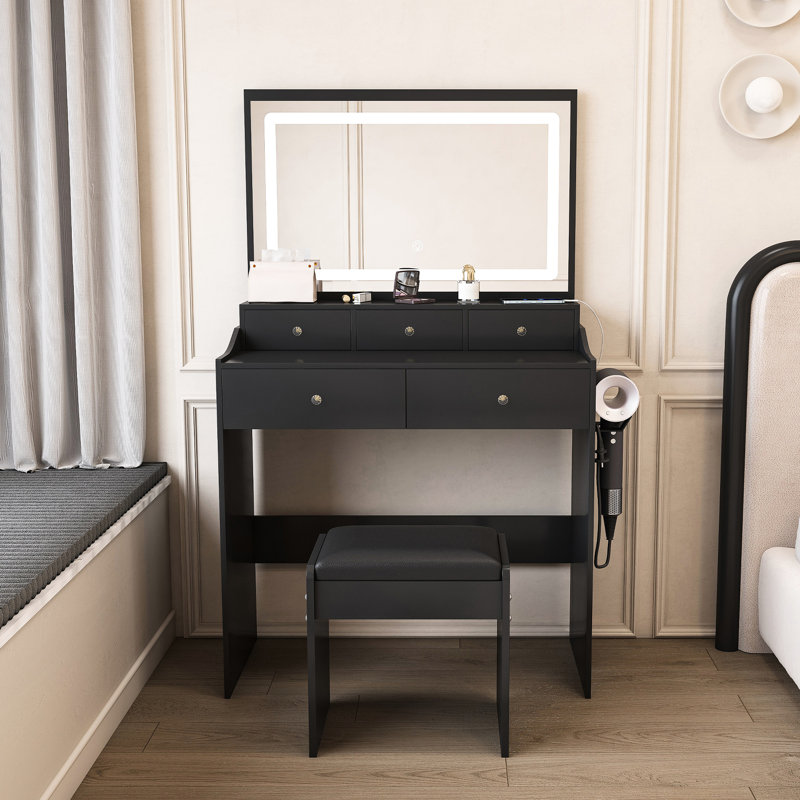 Black Vanity With Mirror, 3 Lighting Color Adjustments, Power Outlet, Hair Dryer Holder And 5 Drawers For Bedroom Daily Use New Large Dressing Table Options, Beauty Routines