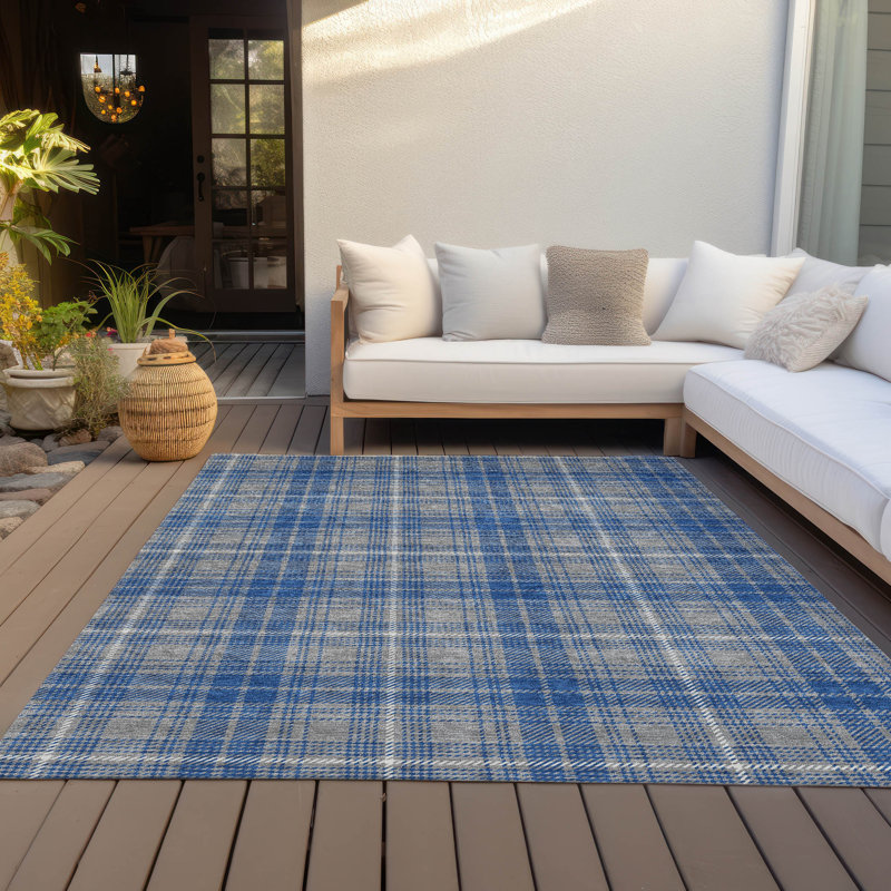 Gray and Blue Plaid Machine Washable Synthetic Rug