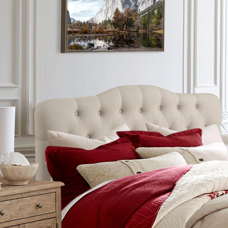 Linen Upholstered Headboard-Modern-Adjustable Height-Button Tufting, Beige, King