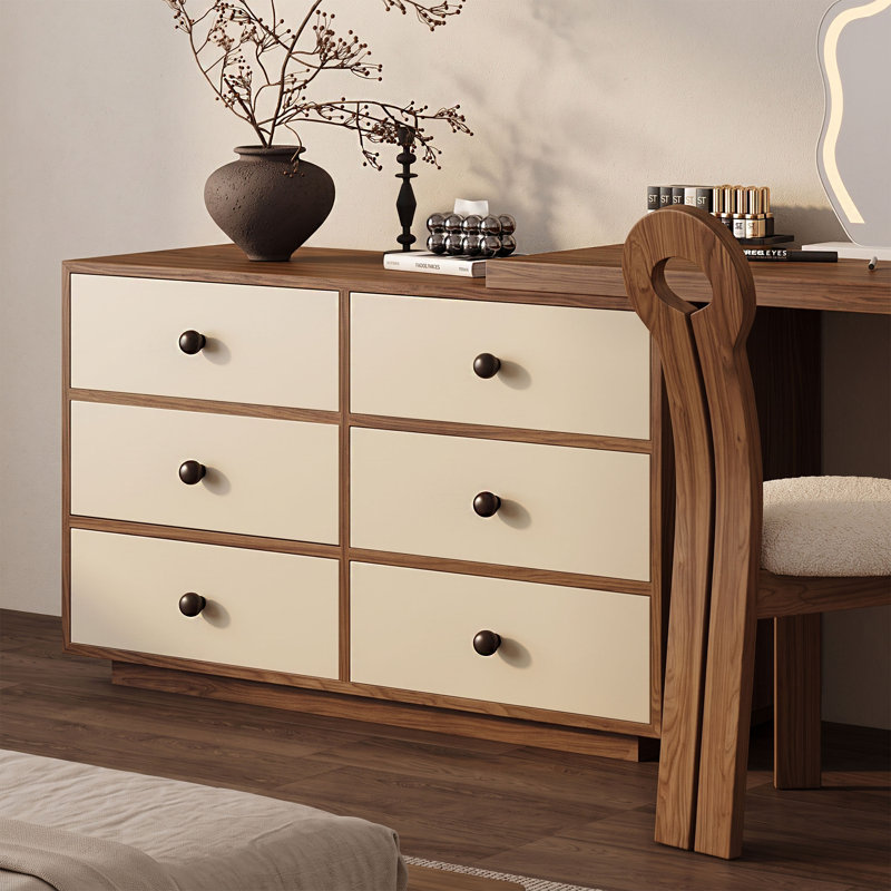 Ensemble coiffeuse extensible 2 en 1, noyer et crème, coiffeuse à 6 tiroirs avec coffre de rangement, style moderne du milieu du siècle, longueur réglable, pour chambre à coucher