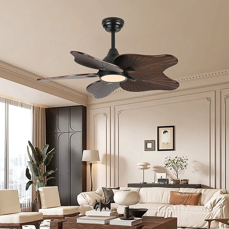 44-Inch Ceiling Fan With Light, 5 Solid Wood Blades, DC Motor, APP & Remote Control, Dimmable Full-Spectrum LED, Reversible Airflow, For 15X15 Ft Living Room Bedroom, Works On Sloped Ceilings