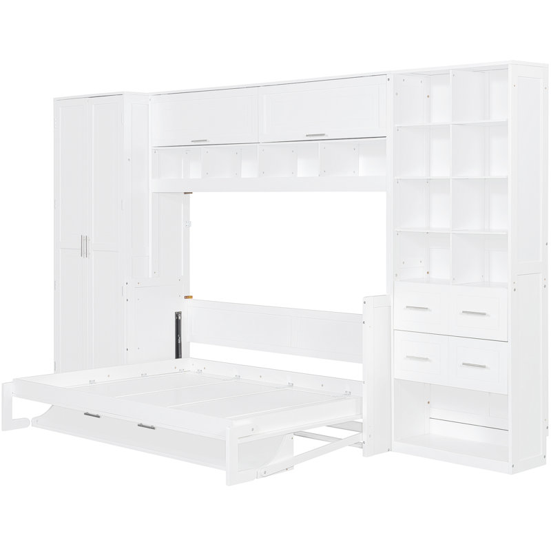 Lit double blanc avec tablette supérieure et deux tiroirs pour un espace de rangement mural