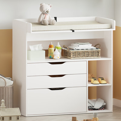 Saunti Baby Changing Table Dresser,a Wood Diaper Changing Station with 3 Drawers and 3 Storage Shelves