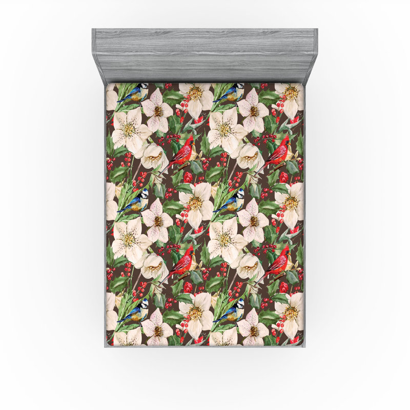 Drap-housse Ambesonne, Corail foncé, vert réséda / floral 2, Drap-housse très grand californien