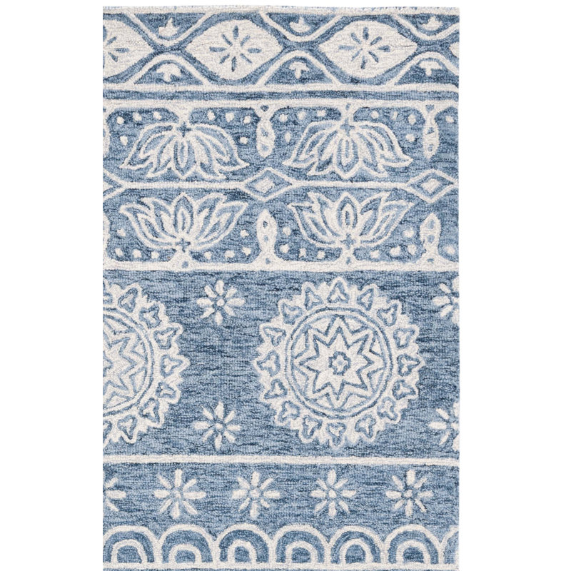 Leavens Hand Tufted Wool/Cotton Floral Rug in Blue/Ivory, Rectangle 5' x 8'