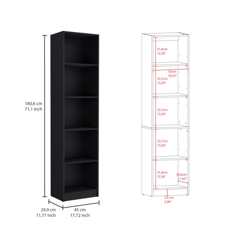 Bibliothèque Home Xs avec tablettes à 5 niveaux et design mince - Noir - Bureau