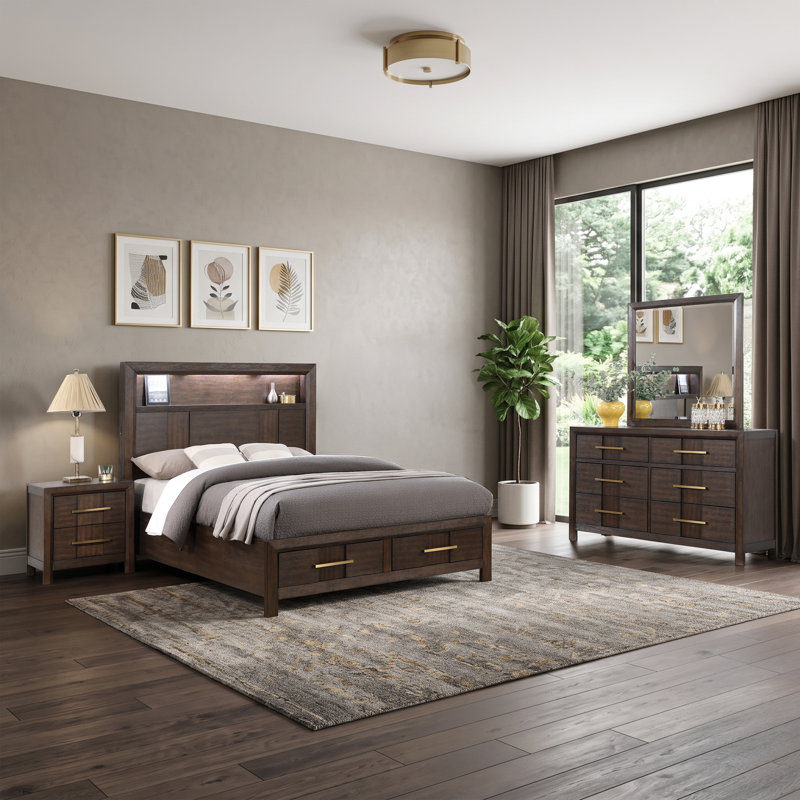 Ensemble de chambre à coucher Adryan, Grand lit, Brun, 4 Pcs: Bed, Dresser, Nightstand, Mirror