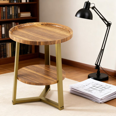 Table de bout ronde avec tablette de rangement, table d'appoint à 2 niveaux pour le salon et la chambre à coucher, table d'appoint pour petit espace avec structure en métal doré