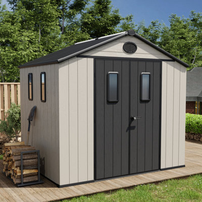 Resin Storage Shed, Weatherproof Outdoor Shed with Built-in Floor Air Ventilations Skylight Windows Lockable Doors