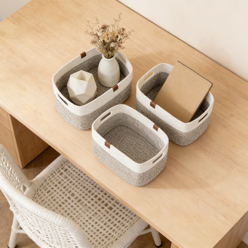 Woven Storage Baskets With Handles, 4-Pack Cotton Rope Organizer Bins For Toys, Towels, And Home Organization, Durable And Foldable Rectangular Design