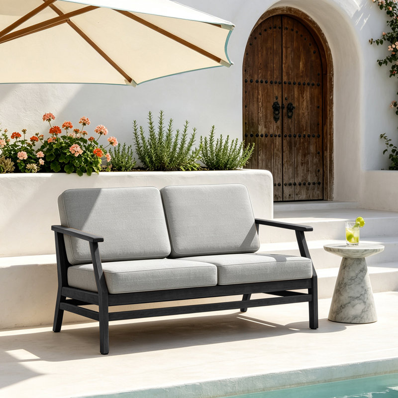 Causeuse d'extérieur en bois de teck avec coussin et accoudoirs Clinkscales, Chameau clair, Noir