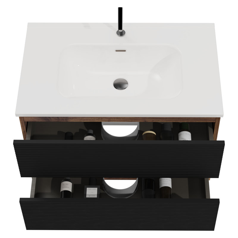 Meuble-lavabo mural noir et noyer de 30 po avec lavabo intégré en céramique et trop-plein, 30"